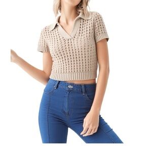 Wind & Willow Polo Collared Knit Sweater in Beige Size M